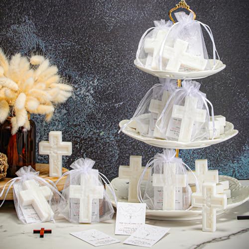 Image of 50 Pack Cross Scented Soap Baptism Favors with Cards Bags Guest Gifts,White | Cross Scented Soap Favors with Card and Bag, Ideal Baptism Gift for Boy and Girl, Christening Favor, Baby Shower Party Decor