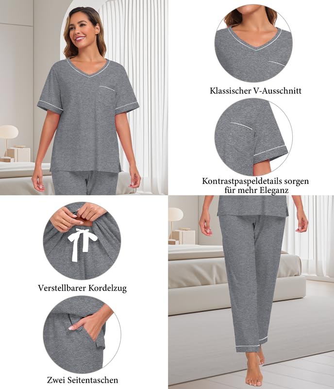 COLORFULLEAF Pyjama pour femme en coton à manches courtes - Ensemble de pyjama confortable pour femme - Tenue d'été légère - Pantalon 7/8