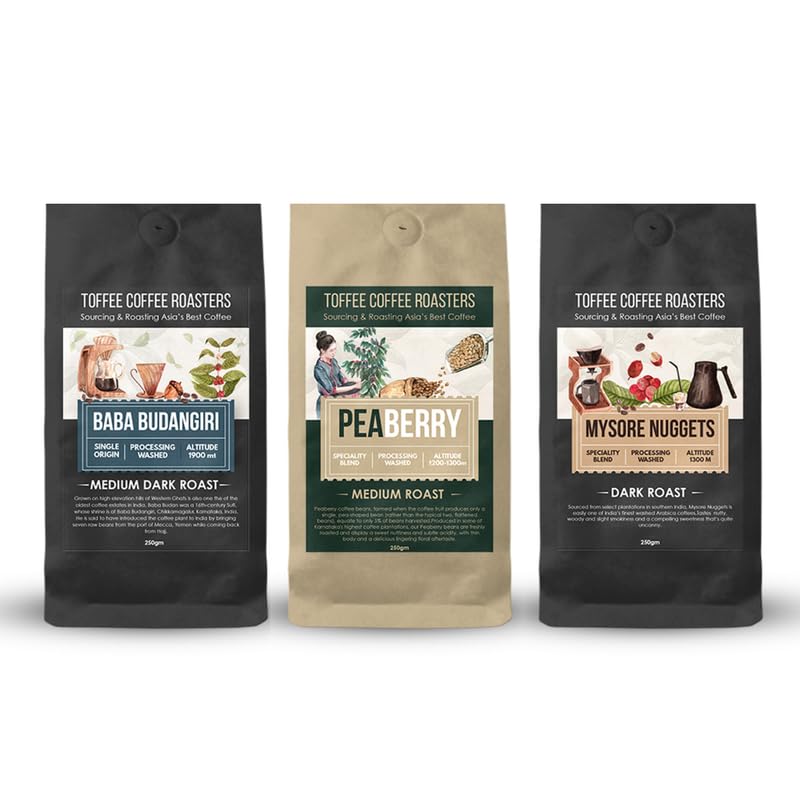 Toffee Coffee Roasters- Coffee Sample | Pack of 3x100gm (Peaberry, Baba Budangiri, Mysore Nuggets) Grind: Moka Pot