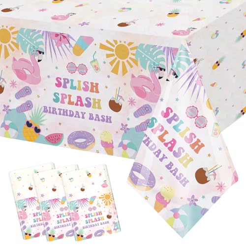 MEHOFOND 3 Pack Splish Splash Birthday Tablecloth Disposable Plastic Tropical Table Cloth 54x108 inch Summer Pool Birthday Table Cover for Girl Splash Water Paddling Pool Party Supplies