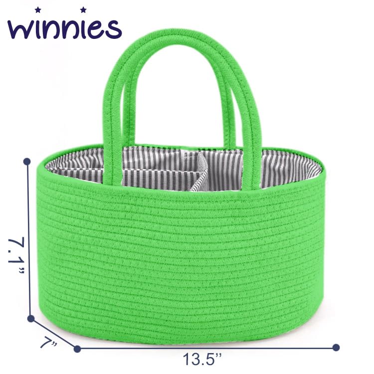 Image of Winnies Rope Diaper Caddy Organizer - Rope Design Tote Bag with 3 Dividers, Portable Baby Essentials Storage Basket with Carry Handles(Green)
