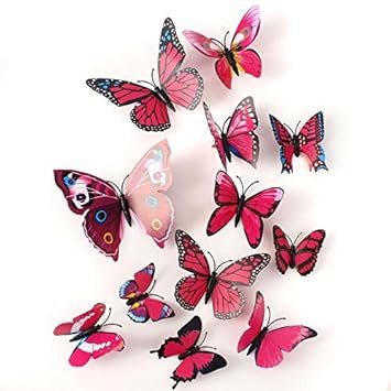 Xtore 12Pcs 3D Home Decor Butterfly | 3D Plastic Build | Beautiful Wall Decor Item | Comes with Sticking Pad | (Set of 12) (Magenta Pink), Reusable, 3 cms - image, photos
