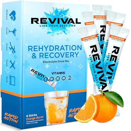 Revival Rapid Rehydration Electrolytes Powder - High Strength Vitamin C B1 B3 B5 B12 Supplement Sachet Drink Effervescent Electrolyte Hydration Tablets - 6 Pack Orange