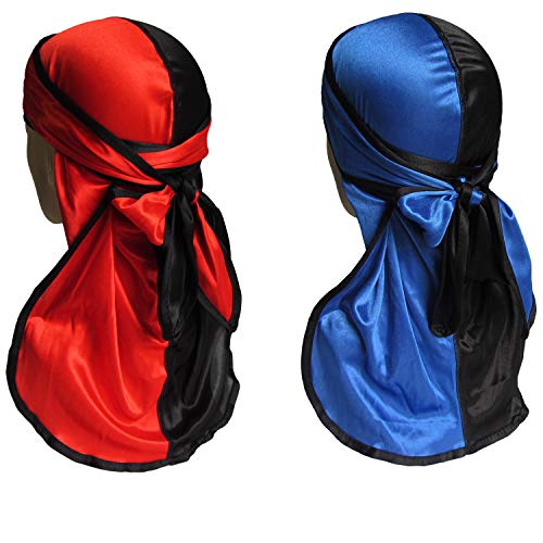 Durags for Men Silky 360 Wave Caps with Long Tail Two Tone Silk Durag Pack 2 PCS Red and Blue