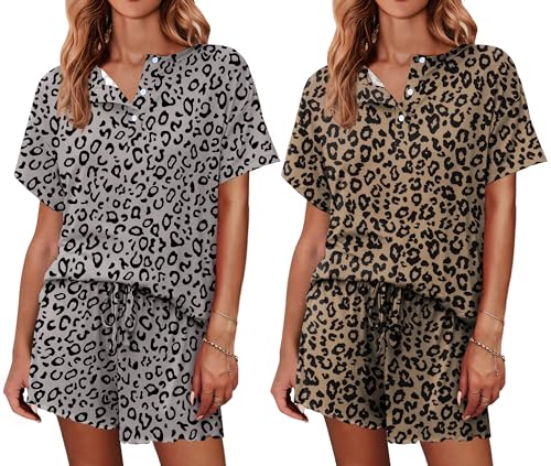 Image of Ekouaer 2 Pack Womens Pajama Sets Short Sleeve Top with Shorts Soft Comfy Loungewear Sleepwear S-XXL