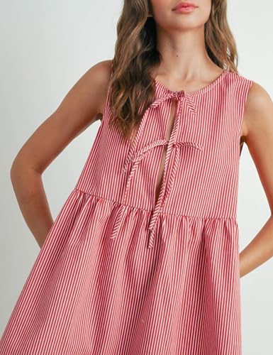 Image of Womens Mini Red Stripe Bowknot Dress Round Neck Sleeveless A Line Casual Dresses