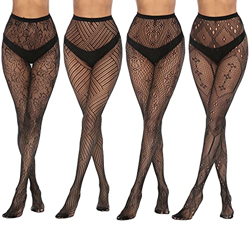 MANZI 4 Pairs Womens Patterned Black Fishnet Stockings Tights Sexy Suspender Thigh High Mesh Cross Pantyhose One Size Black-4