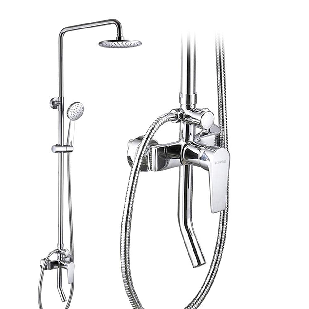 QUSYZD Chrome-Plated Shower Kits with Overhead Shower, 8 in Round Rain Shower Head Multifunctional Shower Mixer Set Wall Mounted Brass Shower System,