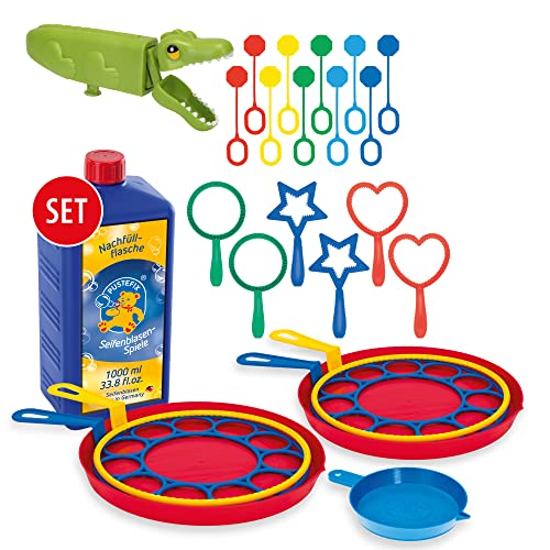 PUSTEFIX Seifenblasen Set für Kinder - 20 Blasringe, 1 Bubblegator + 1000 ml Seifenblasenwasser, Bunte Bubbles Made in Germany, Seifenblasen Spielzeug für Hochzeit, Kindergeburtstag, Polterabend