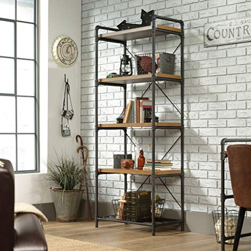 Sauder Iron City Bookcase, L: 29.92" X W: 16.81" X H: 75.67", Checked Oak Finish #TOP1
