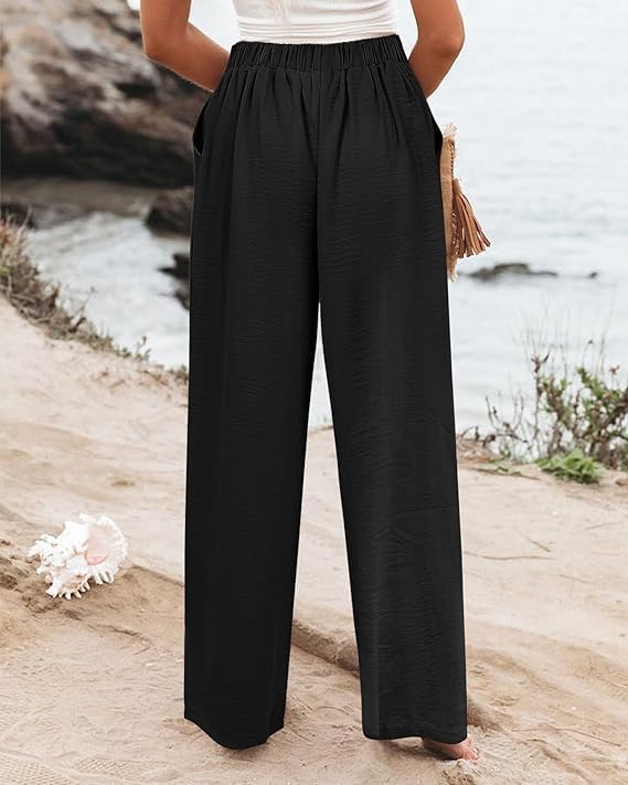Womens High Waisted Wide Leg Palazzo Pants Casual Lounge Boho Flowy Pants with Pockets - Image 2