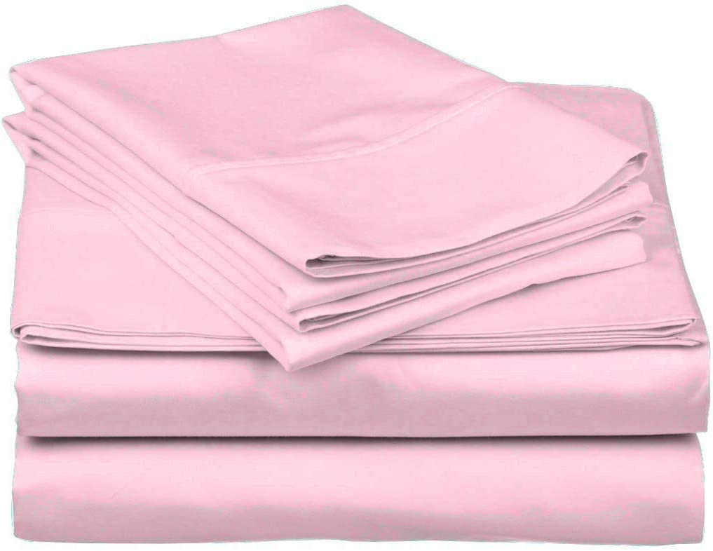 Cotton Bedding Set 4 PCS, Fully Elastic Fitted, Flat Sheet & 2 Pillow Cases with 22" Deep Pocket, 600 Thread Count-Pink Solid,Twin-XXL Size