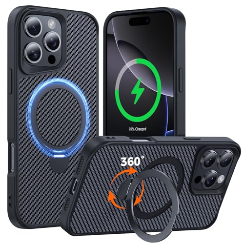 Enlafavo Designed for iPhone 16 Pro Max Case with 360° Magnetic Stand, Carbon Fiber Phone Case [Compatible with Magsafe] [15FT Military Protection] with Stand Ring 6.9'', Balck Black