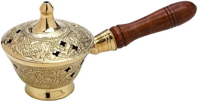 Encensoir en Laiton Doré avec Poignée Bois - Brûle Encens Charbon Durable