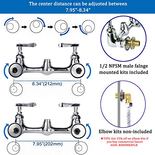 Pre-Rinse Commercial Kitchen Faucet, 25” Height Sink Faucet with 12” Add-on Spout, 8'' Adjustable Center Wall Mount, Pull down Sprayer, Stainless Steel Hose, Solid Brass, Chrome