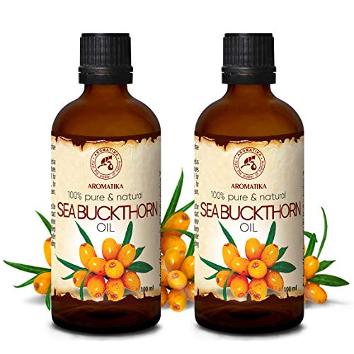 Aceite de Espino Amarillo 2x100ml - Prensado en Frío - Aceite de Hippophae Rhamnoides 200ml - 100% Puro & Natural - Botella de Cristal - Cuidado Intensivo para Rostro - Cabello - Piel - Corporal