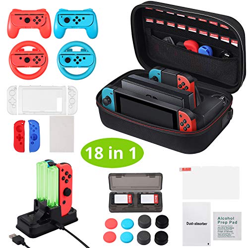 Accessories Bundle for Nintendo Switch, LiNKFOR 18 in 1 Accessories Kit with Carrying Case, Joycon Grip, Steering Wheel, Switch Controller, Charge Dock Silicone Case & Card Case Screen Protector