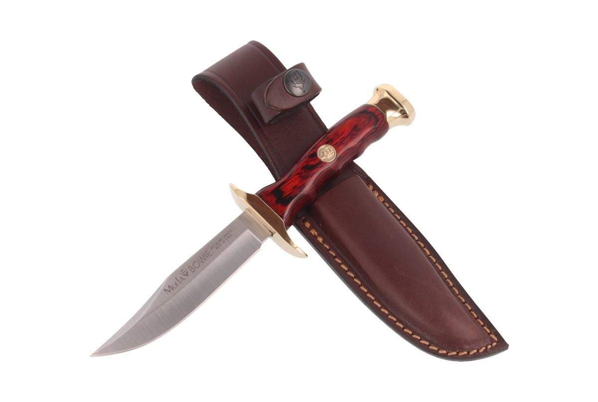 Muela Cuchillo de caza BW-10 con hoja de acero inoxidable ACX-380 de 10 cm y empuñadura de madera de coral para Caza, Pesca, Supervivencia y Bushcraft + Portabotellas de regalo