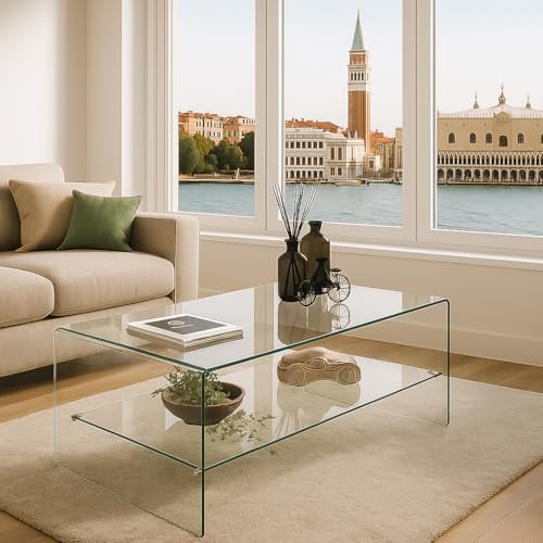 Homely - Mesa de Centro de Cristal Curvado y Templado de una Pieza con revistero Murano, 110x60x40 cm