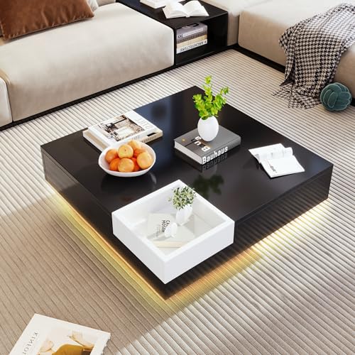 Table basse carrée laquée noire et blanche 72cm avec LED et coffre amovible - 3