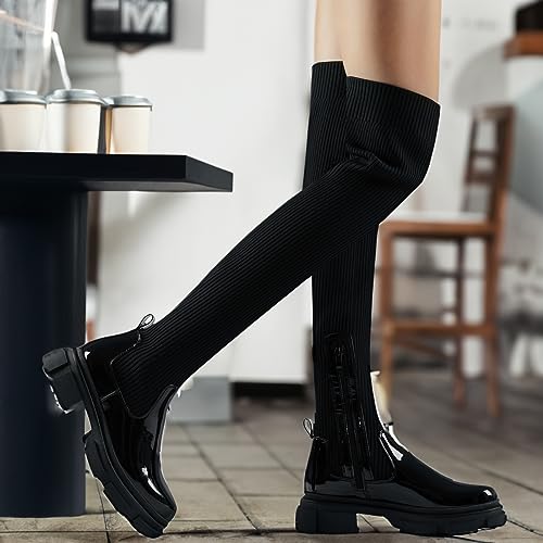 Shoe'N Tale Thigh High Knit Sock Boots Round Toe Mid Chunky Heel Stretch Over the Knee Boots for Women2