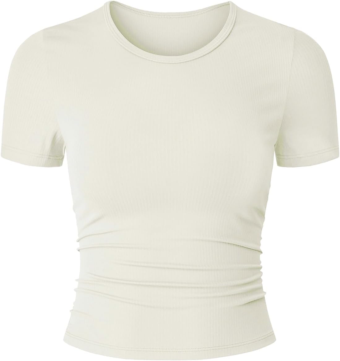 Kimmery Women's Summer Short Sleeve Crew Neck Ruched Stretch Fitted Crop Tops