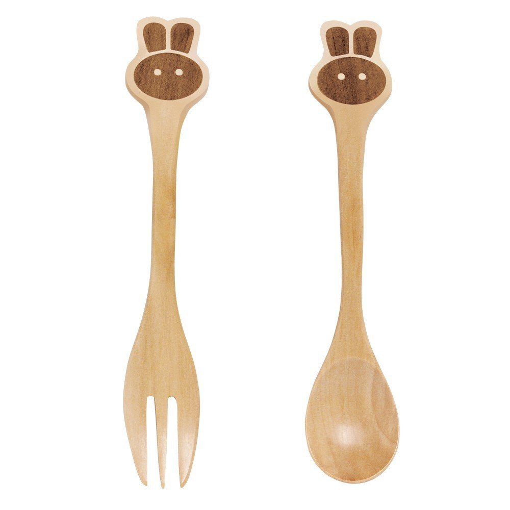 SPICE OF LIFE Kids Petits Et Maman Wooden Fork and Spoon - Rabbit - Reusable Home/Party/Picnic Cutlery Set