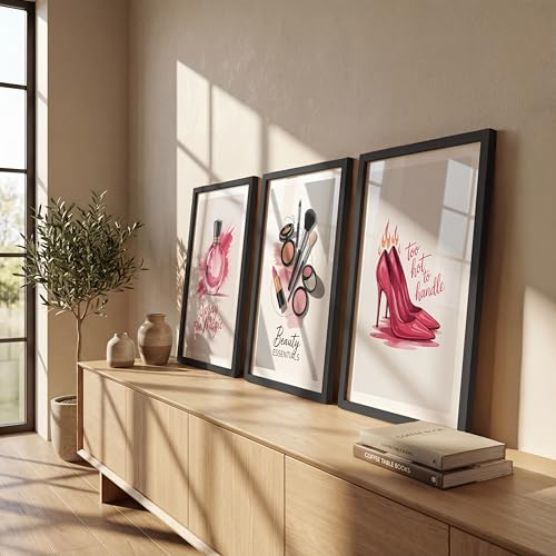 Image of NoWorries inchPink Fashion Wall Art Framed Painting Set of 3 | Perfume Bottle, Makeup Essentials & High Heel Illustration Posters with Frame | Glam Beauty Decor Frames for Bedroom, Vanity, Salon, Girls Room | Modern Chic Framed Wall Art (Art-18, 10x13inch, Wooden)