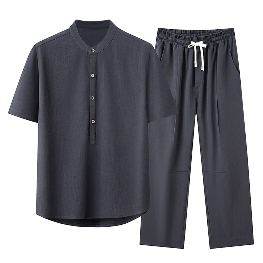 2 Pezzi Tuta Uomo Completi Camicia Scollo a V + Pantaloni Casual Tute da Spiaggia Maniche Lunghe/Corte Estate Set Pigiama Tuta Cotone e Lino Tuta Morbido Leggero Taglie Forti