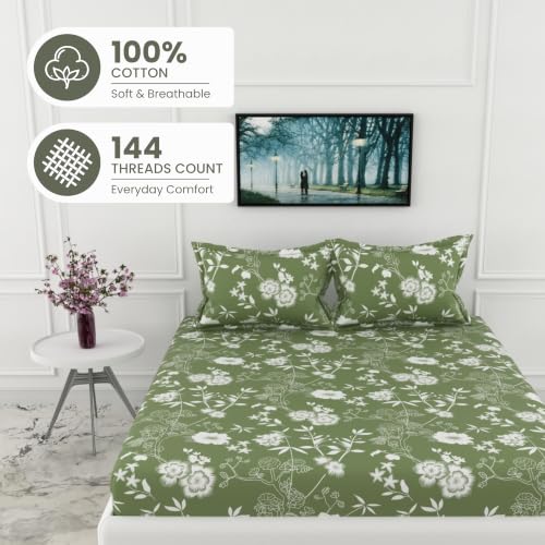 Image of LORETO - A QUALITY LINEN BRAND 144 TC 100% Pure Cotton Double /Queen Fitted Bedsheet with 2 Pillow Covers for 72 x 60 Inch Mattress, All-Around Elastic, 8 Inch Deep Pocket, Olive Green Floral Whisper