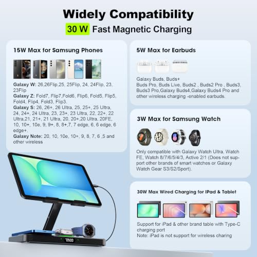Image of 6 in 1 Charging Station for Samsung Multiple Devices, Foldable Wired Charging Stand for iPad /Tab with Clock & Light, Charger for S26 /S25 Ultra /Z Fold 7 & Buds, Only for Galaxy Watch(Black)