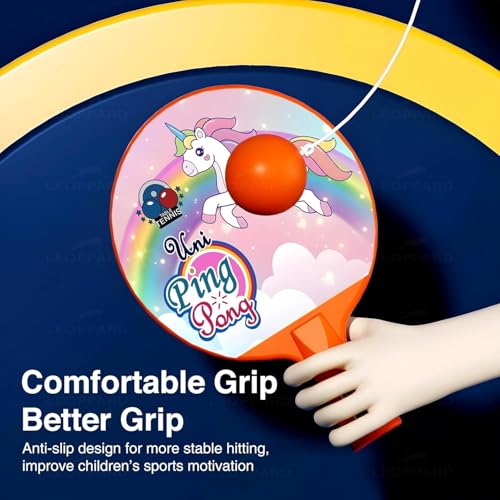 Image of Hanging Table Tennis Trainer for Kids Indoor Self Training Portable Ping Pong Set 10 Pieces 2 Racket 2 Balls 2 Hooks 1 Unicorn Hanger and 2 Unicorn Stickers in 1 Unicorn Box