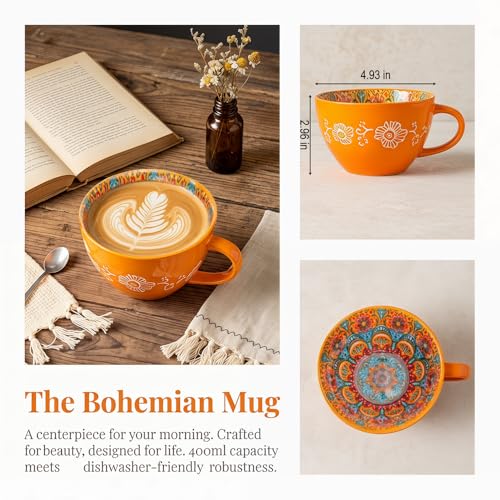 Mug artesanal de cerámica pintado a mano 14 oz naranja miniatura 4