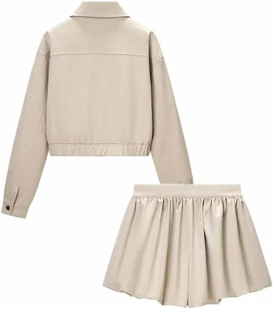 Women Spring Elegant Long Sleeves Lapel Zipper Solid Color Casual Loose Commuting Two Piece Set