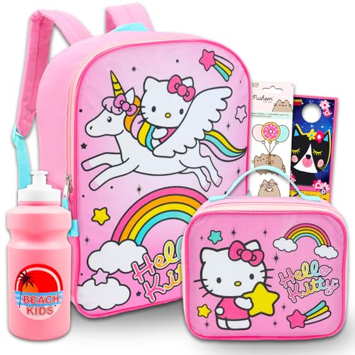 Mochila Hello Kitty com lancheira para meninas – Pacote com mochila Hello Kitty, lancheira Hello Kitty, garrafa de água, adesivos, mais | Conjunto de mochila escolar Hello Kitty