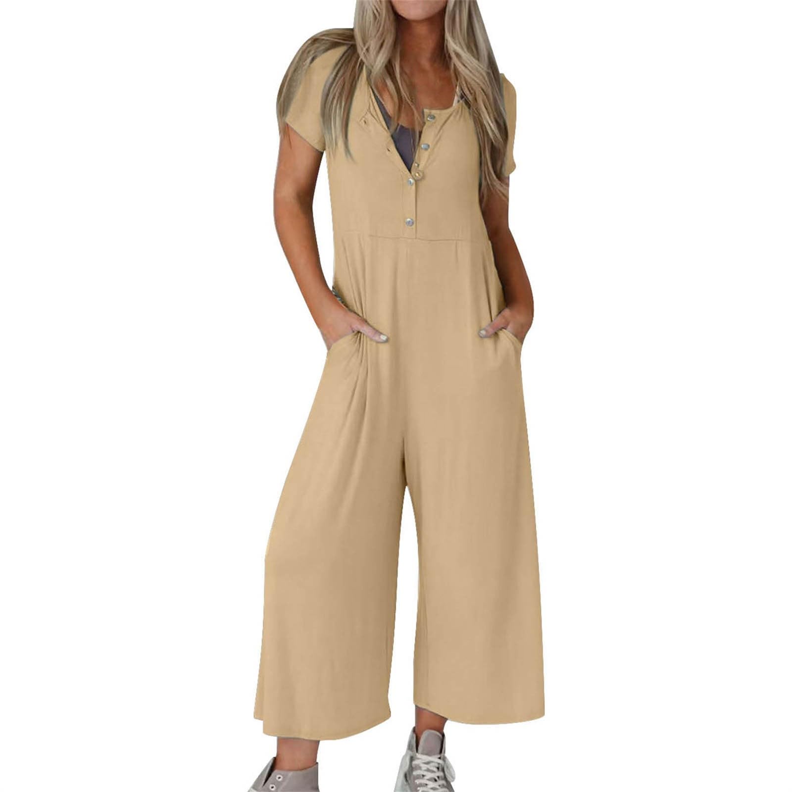YANFJHV Mono para mujer, monocolor, moderno, informal, manga corta, bolsillo, pierna ancha, mono para mujer, elegante