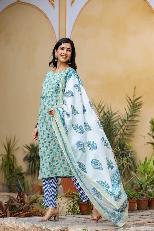 Image of Vaamsi Women's Cotton Blend Printed Kurta Palazzo Dupatta Set (VKSKD1020E 3XL Green)