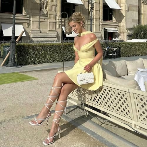 Image of ISNOM Lace Up Heels Sandals for Women - Square Open Toe, Stiletto High Heel