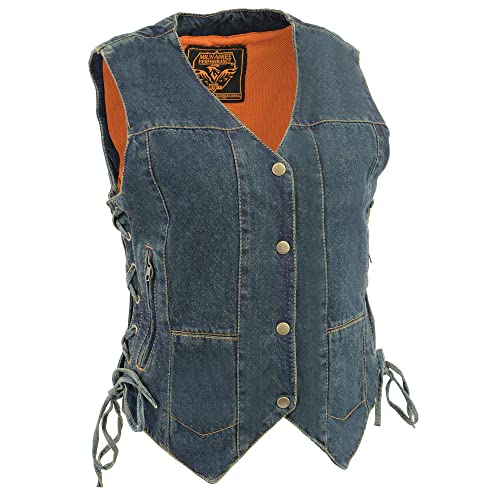 Milwaukee Leather Women’s BLUE 6 Pocket Side Lace Denim Vest w/Gun Pockets MDL4020