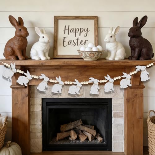 4.5Ft Easter Wood Bunny Garland for Decorations No DIY Farmhouse Rabbit Banner Garland with Wooden Beads Double Sided Rustic Spring Banner for Mantle Fireplace Wall Party Home Decor