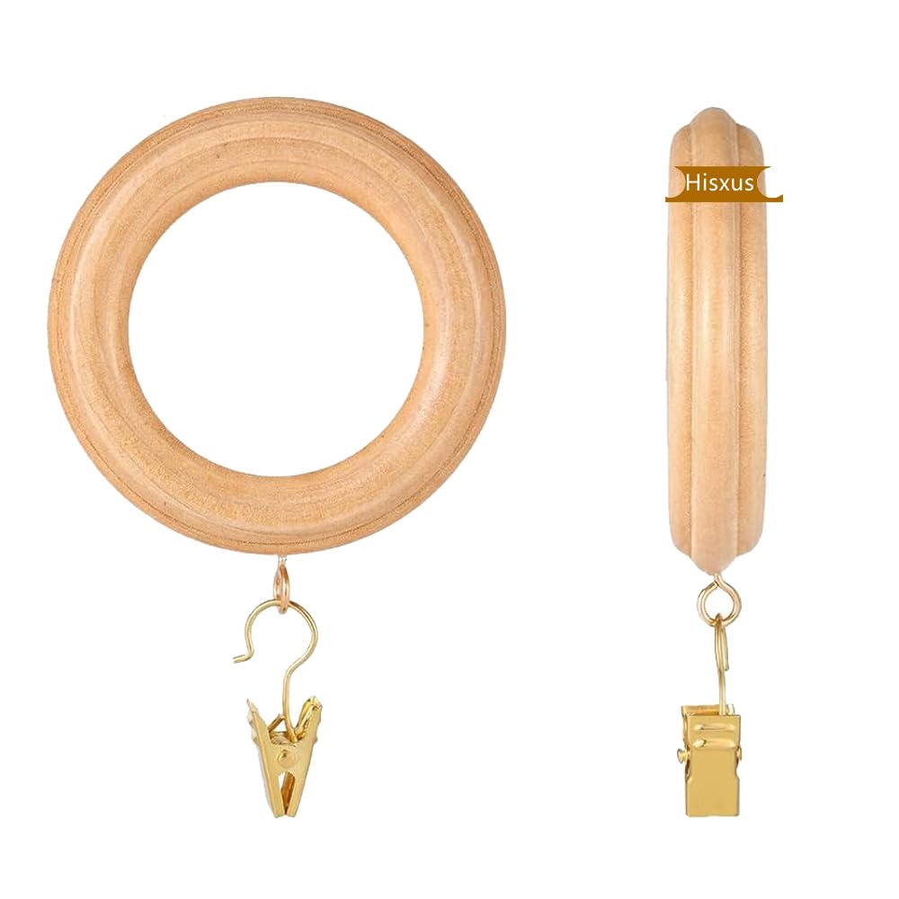 Photo 1 of 20 Pack Wooden Drapery Curtain Rod Rings with Clips 3 Inch Outer Diameter Natural Farmhouse Beech Wood Carved Drapes Rings 1.8 Inch Interior Diameter for 1-1.5 Inch Curtain Rod Pole (Natural)