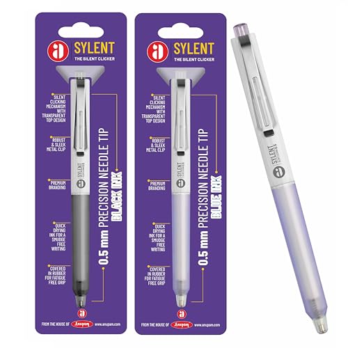 Image of Anupam Sylent Roller Gel Pen 0.5 mm, Waterproof Smooth Quick-Dry Dark Ink, Comfortable Grip Exam & Office Pen, Refillable (3 Multicolour Body BlueInk, 1 Black Body BlackInk)