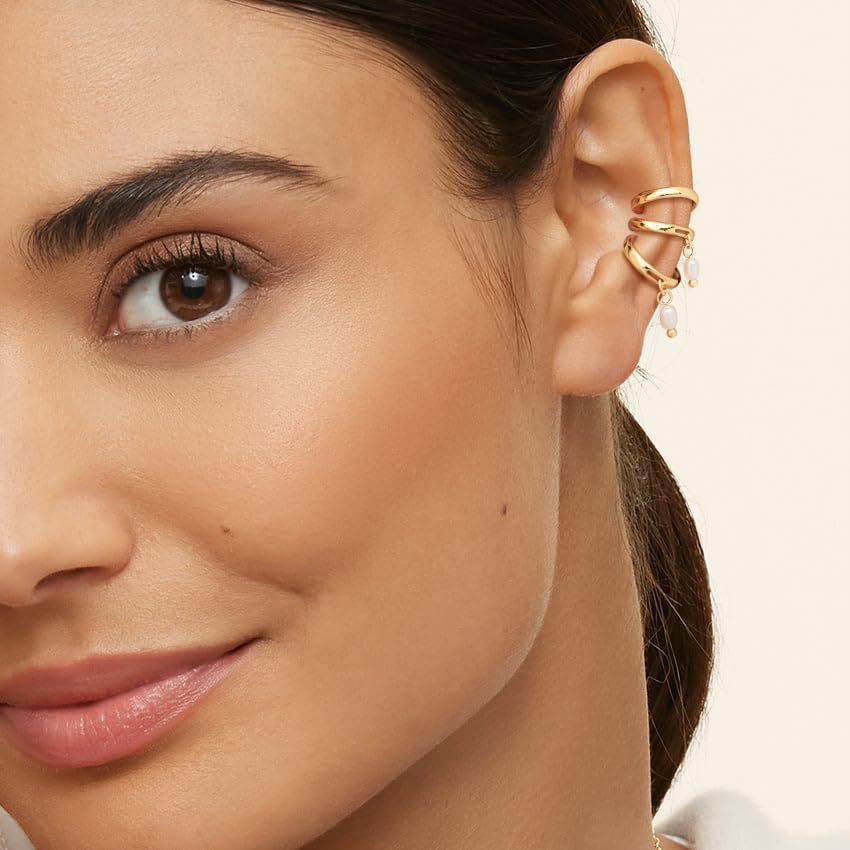 Tewiky Gold Ear Cuff Earrings for Women Non Piercing, 14K Gold Plated Ear Cuffs Non Piercing, Clip-On Cartilage Earring, Fake Earrings For Women, Set C of 3 Ear Cuffs, Pearl Ear Cuff Set - Image 5