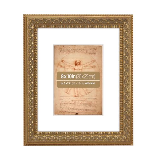 Eitida Marco de Fotos Clásico Adornado Dorado Antiguo de 20x25 cm con Paspartú Para Fotos de 13x18cm, Protección de Cristal Real, Exhibición de Montaje en Mesa o Pared