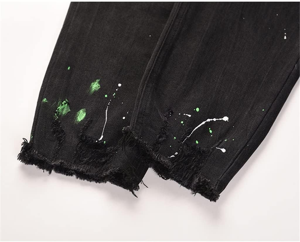 Men's Painted Jeans Skinny Ripped Hole Denim Pants for Male Casual Streetwear Trousers
