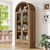 75' Tall Arched Kitchen Pantry Cabinet w Load-Bearing Steel Pipe,Modern Farmhouse Kitchens Storage Cabinet with Drawer and Glass Doors,Tall Arched Bookcase,Pantry Organizer for Living Room(Natural)