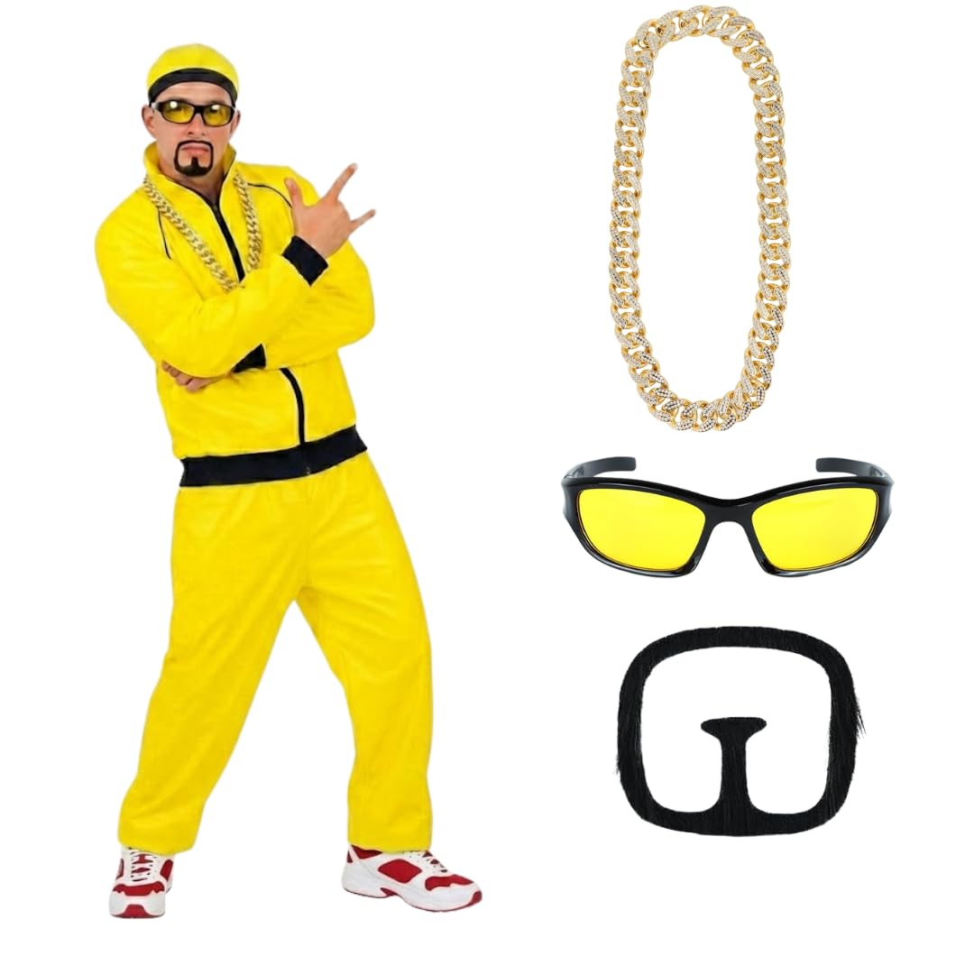 TC Toys - Adult Yellow Rapper Costume – Ultimate 6-Piece Set with Gold Chain, Glasses & Goatee – 90s Comedy Tracksuit Fancy Dress – Complete Stag Do Outfit