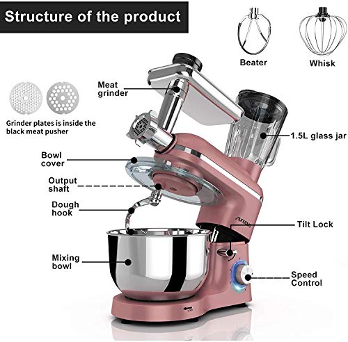 Nurxiovo Pro 3 in 1 Stand mixer Electric 850W Kitchen Food Mixer with 6 Speed and Pulse, Home mixer stand up with 6.5 QT Stainless Steel Bowl, Beater,Whisk,Dough Hook, Juice Extracter and Meat Blender, Rose Gold