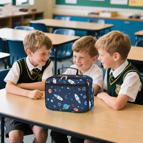 Image of Lunch Box for Kids Boys Insulated Lunch Bags Toddler Lunch Tote Bag Thermo Picnic Cooler Bag for School Children (Spaceship-Navy Blue)