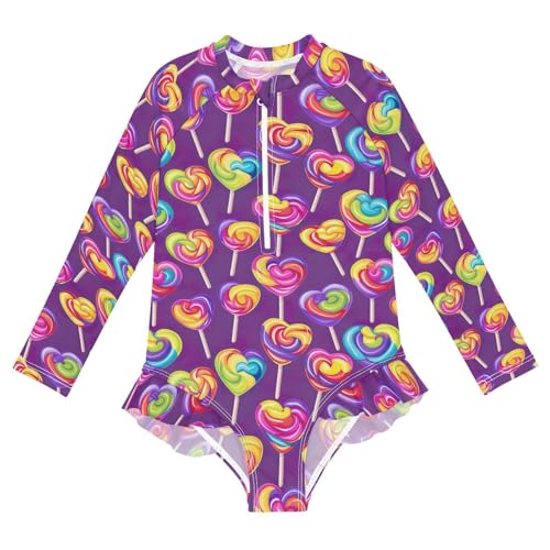 Kawaii Heart Lollipop Girls Long Sleeve Swimsuit UPF 50+ Rashguard Swimwear One Piece Bathing Suit 21220357